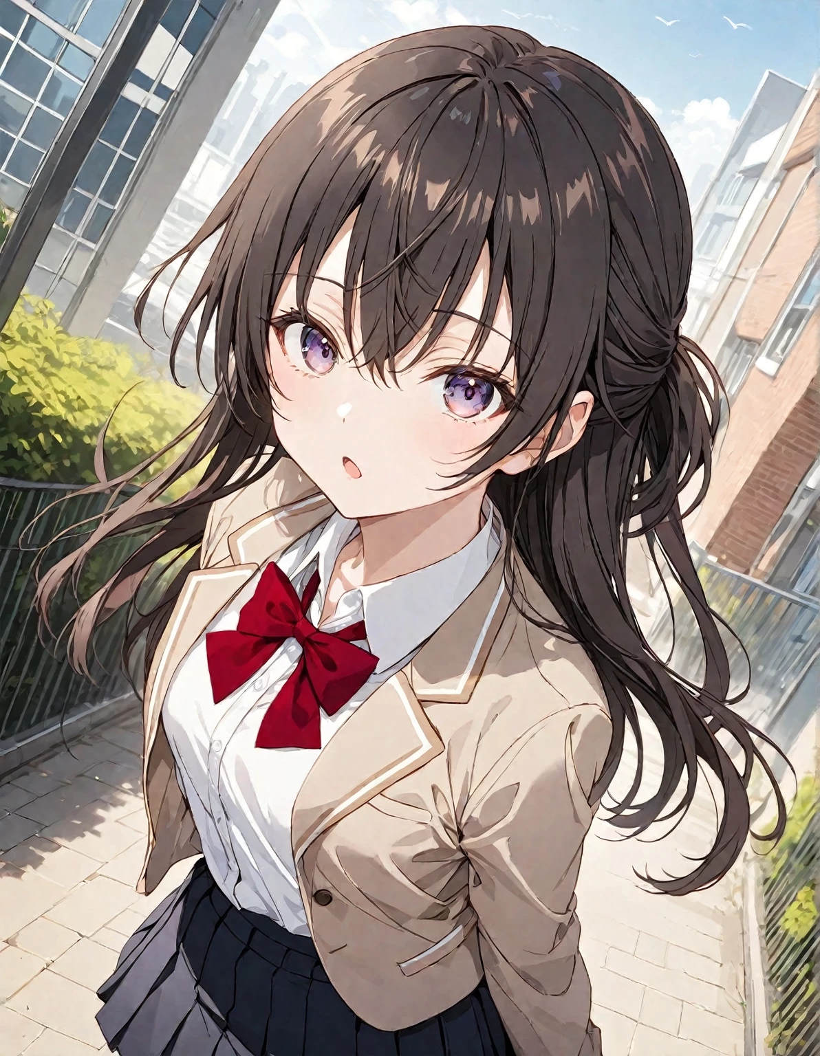 ((Tabletop, highest quality, High resolution, Hmph, Perfect Pixel,  4K, Hmph, Hmph))), One Girl, single, alone, Beauty、The whole body is visible、 ((Mid-wave hair, bangs, Brown Hair)), ((Brown eyes, Beautiful eyelashes, Realistic eyes)), ((Detailed face, Blushing:1.2)), ((Smooth texture:0.75, Realistic texture:0.65, Realistic:1.1, Anime CG Style)), Medium chest, Dynamic Angle, Perfect body,  ((Red bow tie, , Black jacket, Open jacket, Brown cardigan, White shirt, Black Skirt, Checked skirt)), City stairs、Looking up from the bottom of the stairs、Very embarrassing panic smile, looked back、Leaning forward、(The wind blew up her skirt, exposing her buttocks....................、Touch your buttocks with both hands、Light pink floral lace panties)、