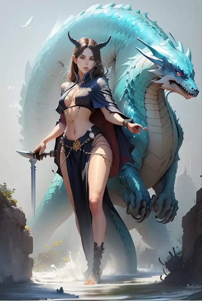 a woman in a black dress holding a sword and a blue and white dragon, concept art by Yang J, pixiv, fantasy art, beautiful celestial mage, fantasy art style, ((a beautiful fantasy empress)), dark witch character, /!\ the sorceress, arcane art style, discord profile picture, epic fantasy art style, :: rossdraws