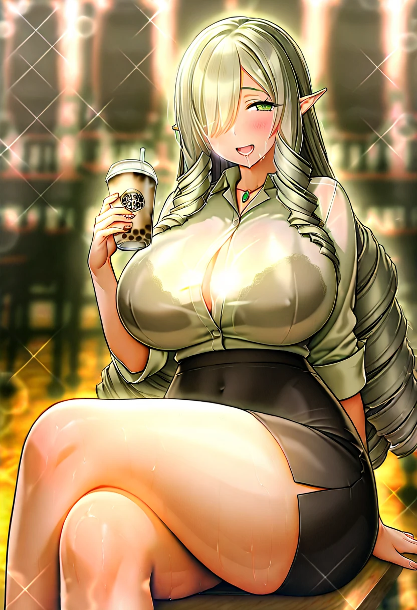 (((Solo)))、(((mature、Big Tits、naked、Erotic)))、(((Brown Skin、Sunburn)))、masterpiece,Highest quality,Very detailed,Super detailed,Very detailed,Very detailed,Ultimate Details,Super detailed,himawariwayorunisakunibe, blush, Big Breasts , Clover, four-leaf Clover, Particles of light, Captivating smile, German clothing, Beer mug, green drink, dress, Cleavage,At the pub、Pubic hair、Black Choker、Sweat、Wet Skin、Evil smile、Huge lips, Swollen lips、Apply lip gloss