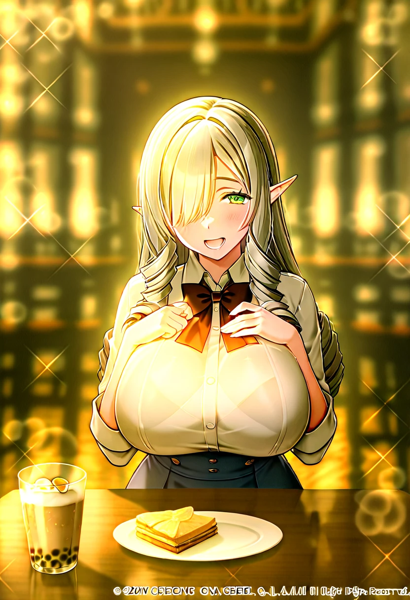 Cristalina, 20 years old, long blonde hair, light lilac eyes, huge breasts, naked, touching her chest with a glass of purple water, sitting on her throne in her temple, looking to the right with a flirtatious look, at night.hentai