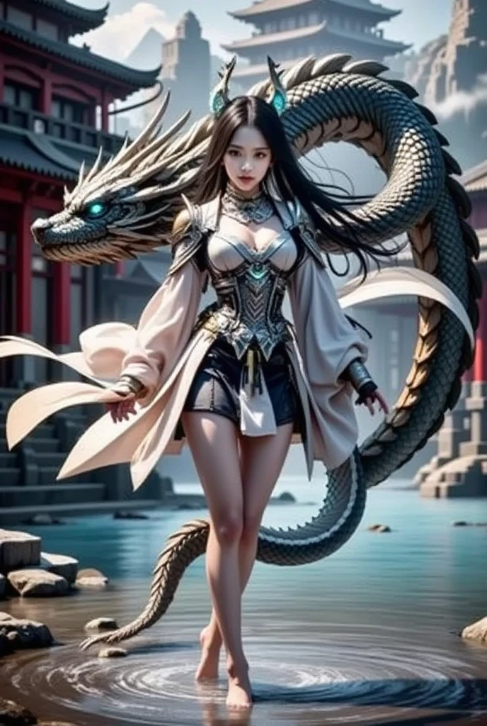 (Photoreal Stick:1.4, masutepiece:1..3, 8K), top-quality, masterpiece, 超A high resolution, Perfect dynamic composition, Professional camera work, Grow Light Effect, Mystical portrait, Cinematic Light, Highly detailed skin and facial texture:1.3, The ultra-detailliert, A detailed eye, (riding a silver dragon, carry a long noble staff), (myterious:1.3, Fanciful:1.2, tradition:1.2, legends:1.2, myth:1.2, majestueux:1.2), 1girl in, 25-years old, cute and sexy slim goddess, Fair skin, (A slight smil:0.9, Totally captivates you:1.0), (japanese miko costume:1.3), (voluptuous breasts:0.9), (back shot beautiful blue eyes, Eyes that feel beautiful eros:0.85), Sexy face:0.4, (A mouthfeel that feels beautiful eros:0.85), ((Too cute beauty:0.9)), Fantastic background, Eliminate unnecessary hands