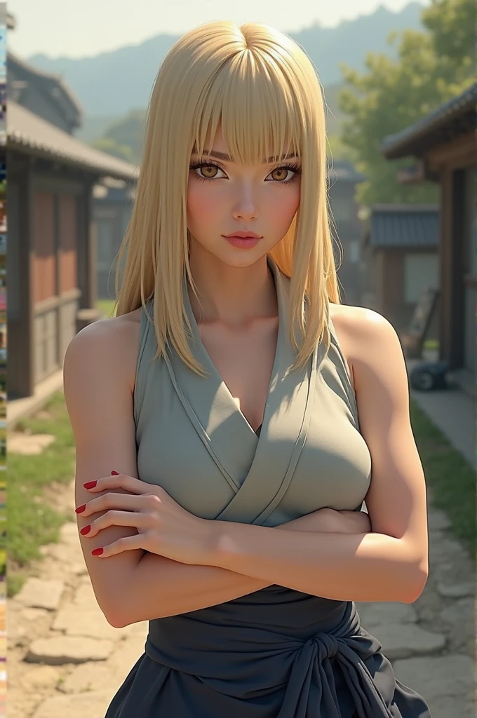In Naruto style female with kimono looking top  A tall and large, tan skinned woman with serious, black eyes, no eyebrows, a hooked nose and a lean face. She has straight, light blonde hair, 