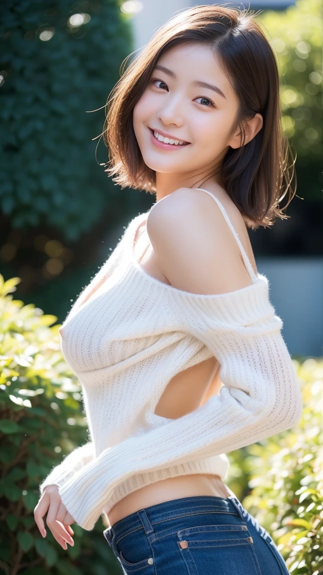 High resolution、High level image quality、In 8K、real live action、RAWphotographgraphy、highest quality、masterpiece、table top、beautiful japanese girl、japanese woman、cute little face、((shining face))、((((My cheeks turned red))))、(((((laugh shyly)))))、white skin、((Obscene content))、For adults、porn、the charm of sex、absurd、small breasts、超A high resolution、RAWphotograph、only、beautiful feces、alone、whole body、twin tail hair、very nice、knit sweater、 mini skirt、japanese woman、Are standing、(Photoreal:1.37)、photon mapping、realistic、radio city、Physics-based only dulling、written boundary depth、blurred background、photograph、hair、thighs thighs、Japanese ID、sparkling eyes、glossy lips、too bright natural light、bright sun、too bright sunlight、looking at camera、full nude
