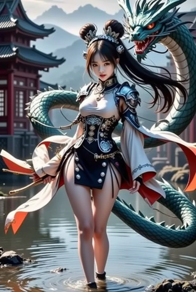 Masterpiece, best quality, a girl makes friends with Chinese dragons, funny, happy, bright, dragon,