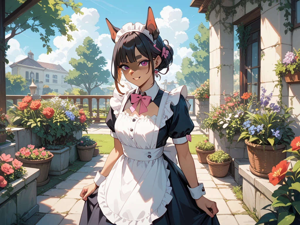 best quality, best resolution, (fluffy anthro furry), calico cat girl, maroon hair, short wavy hair, brown eyes, medium breast, (traditional black maid outfit), mansion bedroom, embarrassed 