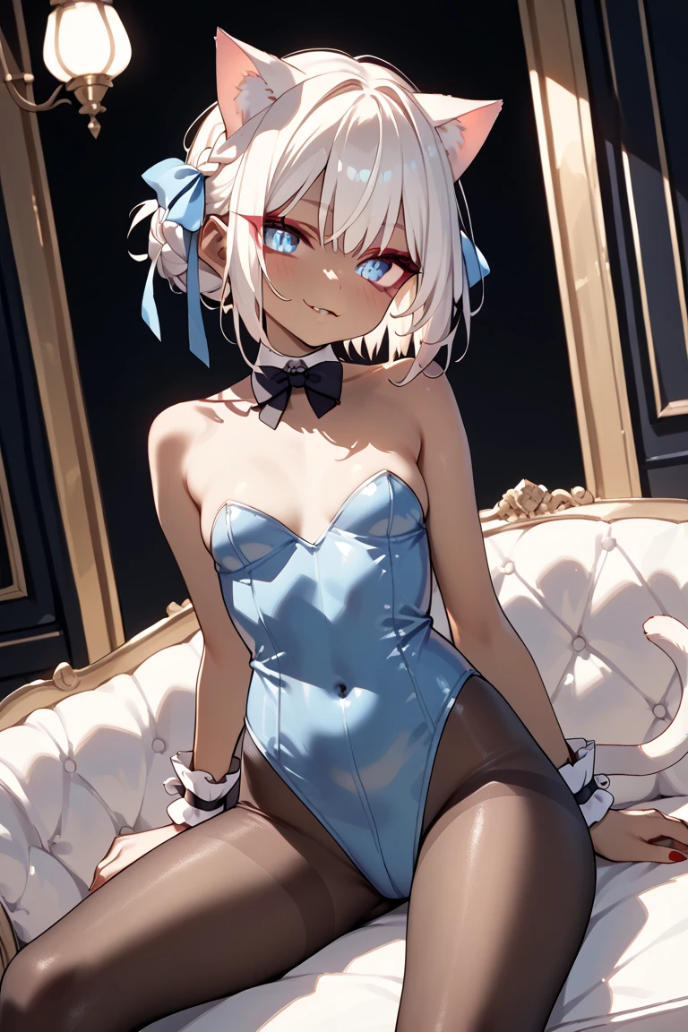 NSFW、Highest quality、(Bunny girl)、tights、High heels、Glossy Bunny Suit、((Crotch close-up))、((Spread your crotch wide from side to side))、MCharacter splits、((Grab your knees))、(Spread your knees wide from side to side)、No background、Silver short hair、Beautiful Eyes、Beautiful Face、Delicate eyes
