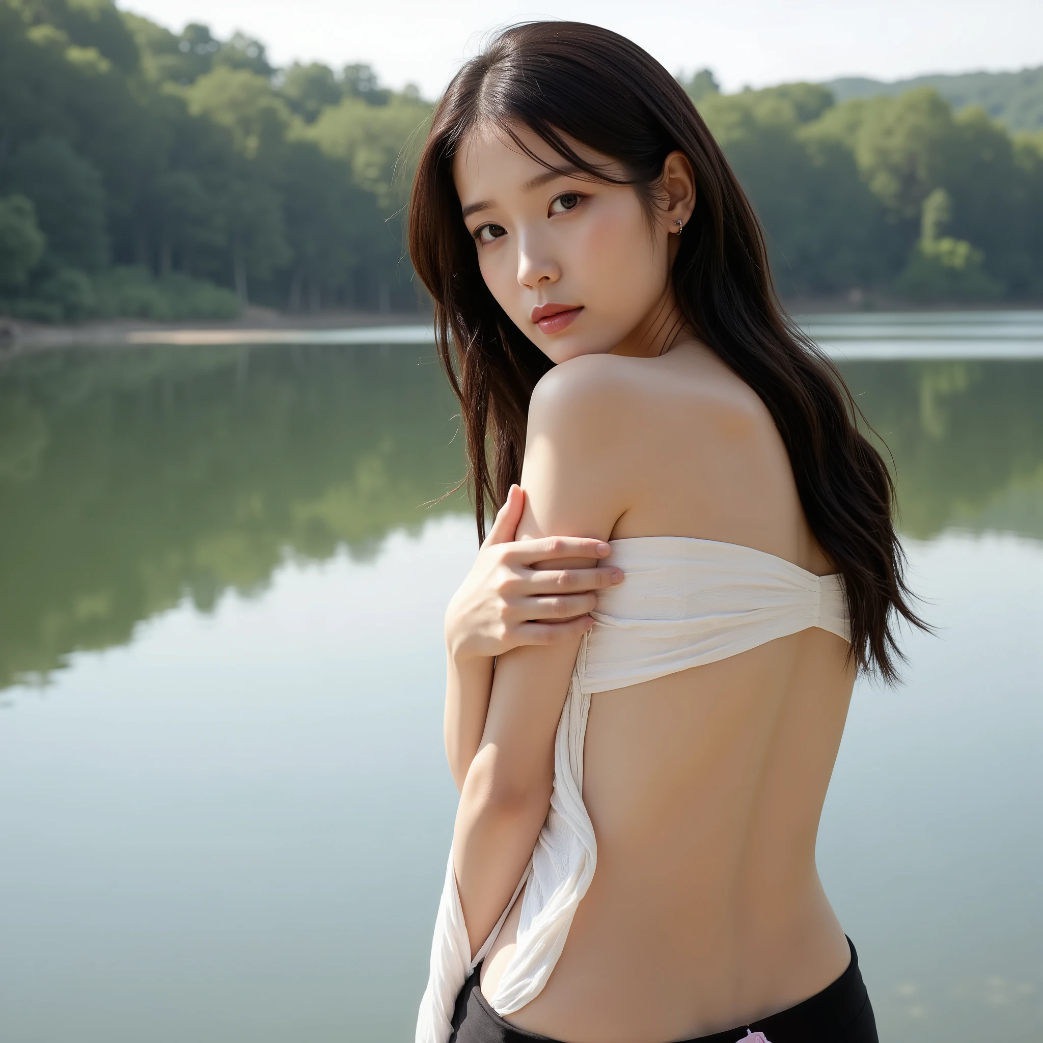 Beautiful 28-year-old korean with long hair and medium-sized breasts naked at a lake, showing the chest side