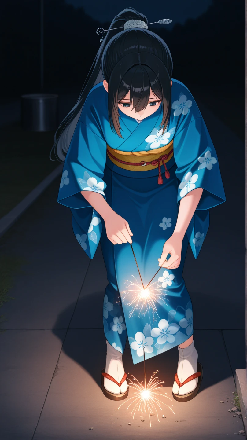 1girl、Black Hair、Indigo yukata、Yellow belt、squat、Sparkler、night、Illuminate the face、deep faint light 、 detailed CG、high resolution