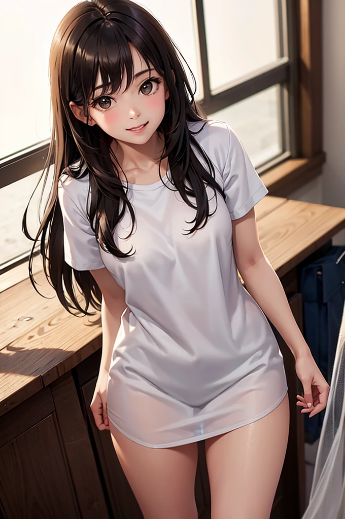 High resolution, Highest quality,  super high quality, Very detailed, 8K、cute、cute、cute、Embarrassing、Embarrassing、(masterpiece:1.2, Highest quality), (Realistic, photoRealistic:1.4), Beautiful illustrations, (Natural Side Lighting, Cinema Lighting), View your viewers, whole body, 1 Girl, Japanese, high school girl, Perfect Face, Cute and symmetrical face, Shiny skin, Baby Face, (Black Hair), Hair between the eyes, black eye, Big eyes, Droopy eyes, (Center of chest, Captivating thighs, Big Ass)