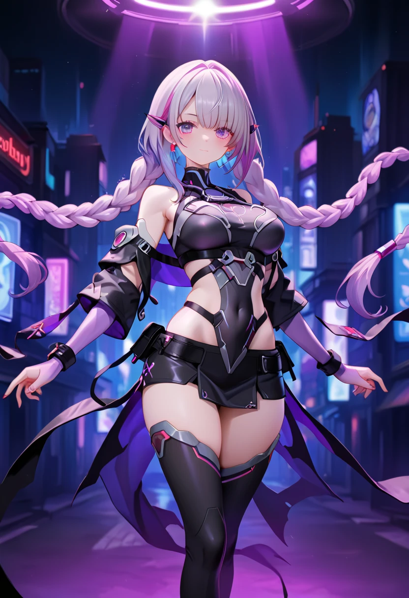 ((masterpiece, highest quality, Ultra Clear, High resolution)), alone, beautiful girl, Shining Eyes, Perfect Eyes, 30 years old, Purple Theme, cyberpunk,Light purple hair,red neon lights,Cyberpunk Landscape,Cyberpunk Gadgets,Large ,Big Ass,