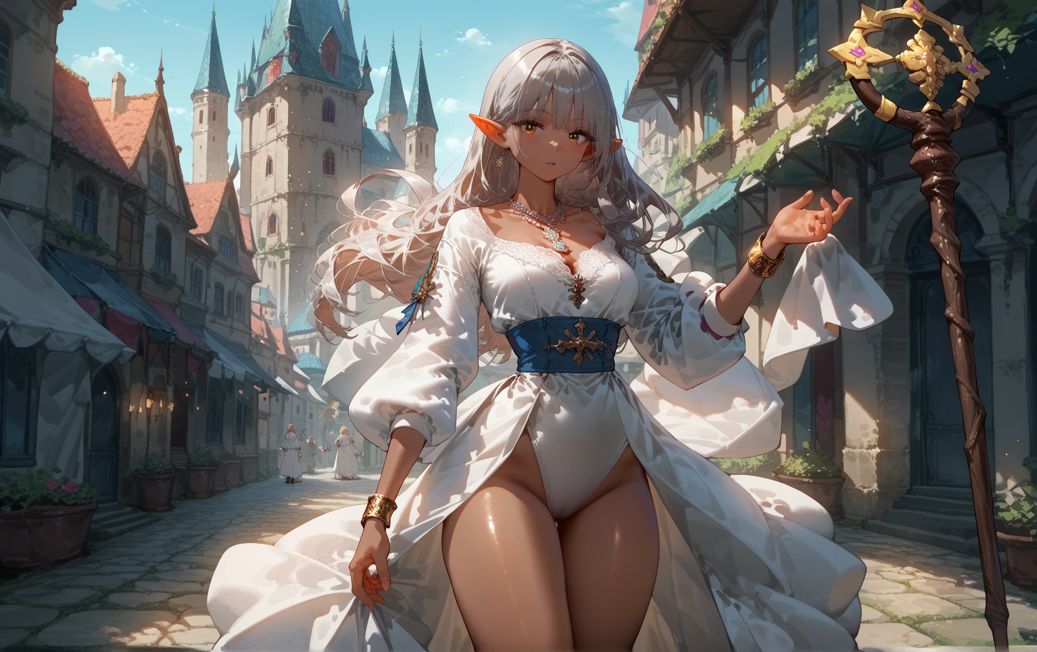 A white haired wolf woman with green eyes and white wolf ears and a white wolf tail in a pirate's outfit is  shopping in the market of a pirate city with a  big smile