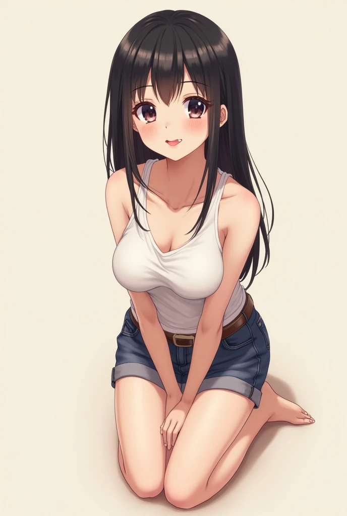 1girl,soloyuuki mikan,yellow tank top, miniskirt, smile,, (best quality:1.3),1girl,my room,camisole,denim shorts,,nsfw,cowboy shot,socks