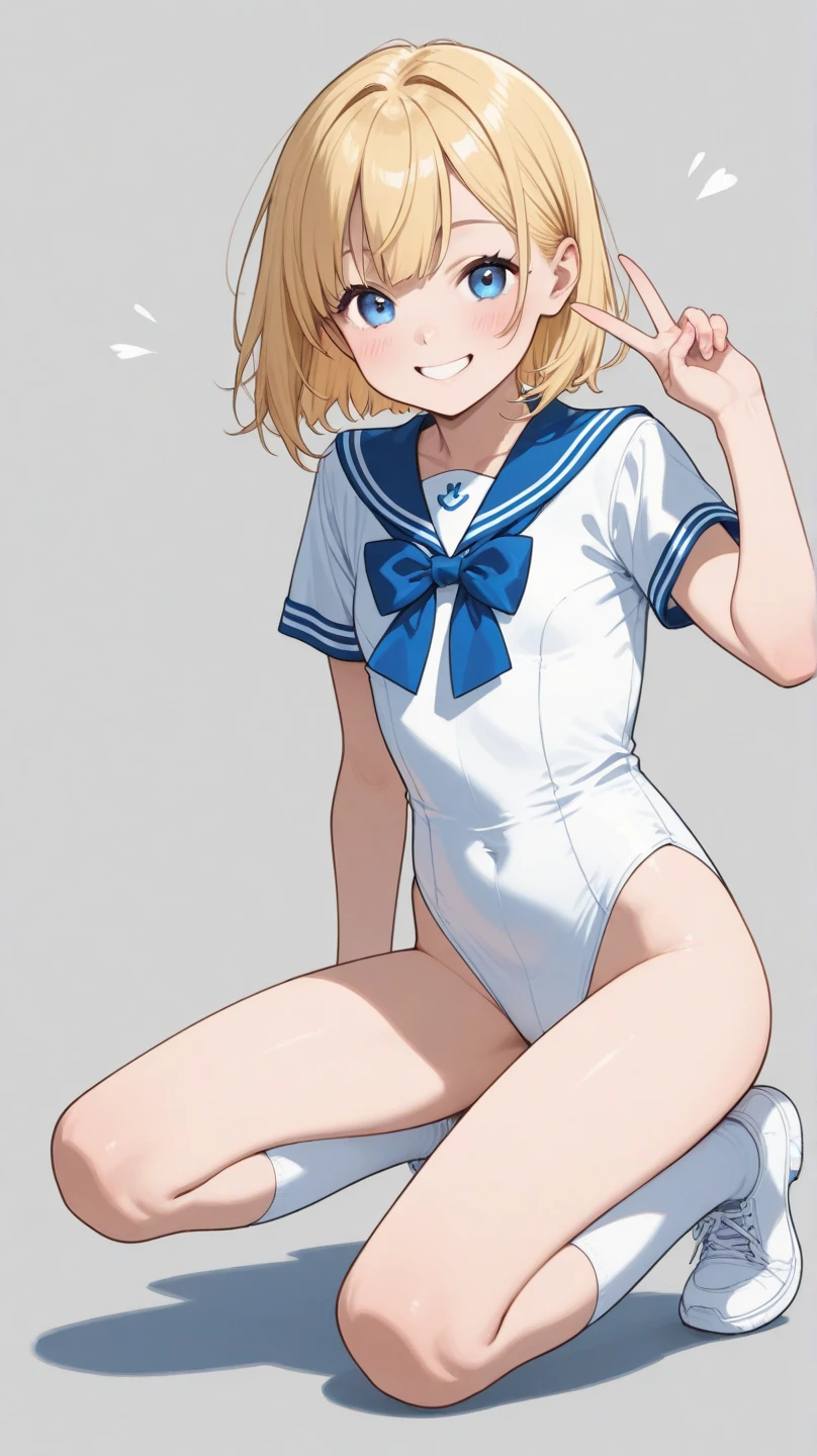(muste piece), (best quality), (score_9, score_8_up, score_7_up), very detailed eyes, expressive eyes, perfect face, very detailed face, highly detailed face, beautiful girl, 8K, beautiful girl, white background, delicate and beautiful face and eyes, dark intense shadow, 
1 girl, vtuber style, cool girl, hololive, Kazama Iroha, blond hair, school swimsuit, Unbuttoned serafuku, small chest, cropped shoulders, clavicle, wet body, wet hair, one eye close winking, smile, body visible through clothes, chest visible through clothes, ass visible through thighs, (full body), barefoot, naked thighs, sitting, open legs wide, 
