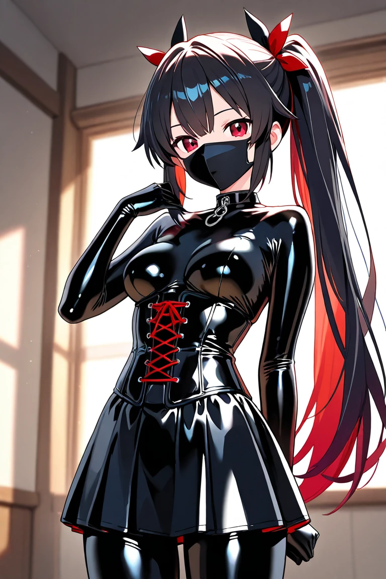 high quality, masterpiece, super detailed, 1 girl, extremely detailed faces, gagged,gagged,Christmas black latex full body suit,black gloves,black christmas stocking tiara,gagged,BDSM,handcuffs,collar,Calm expression,Smile,handcuffs,collar,long black hair, Charming pink eyes, fox ears, ridiculously big, skin shiny, sitting on the snow,Cover your chest with your hands,Bright Christmas night scene