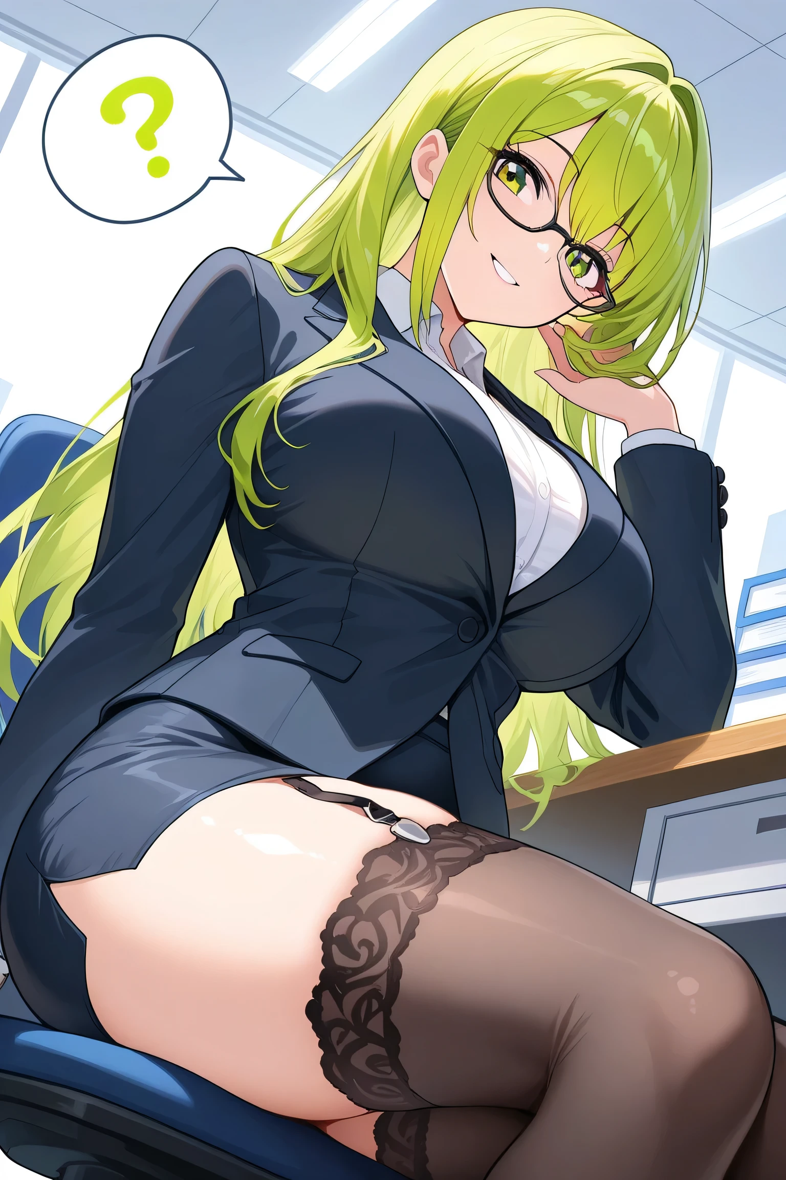 masterpiece, best quality,Extreme Detail, Super detailed, beautiful eyes, beautiful hair, Beautiful side, beautiful skin,dutch angle, green hair, snake eyes, big breasts, blush, cravings, sit, Chest towards viewer, arms around the back, chair , pov, nude , Scientist Jacket