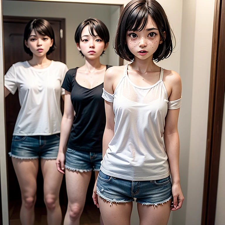 high-level image quality、realphoto、Cute little girl s、sitting in the train seat、Pulling the collar forward with both hands to show off her、Showing off your、While bowing、Kamimei、Chest flicker、 large boob、 You can see from the chest to the stomach through the gap in the collar、Deep Down Blouse、oversize tshirt、japanes、15yo student、off shoulders、No bra、T-shirt with a very open chest、Composition looking down、high-angle shot
