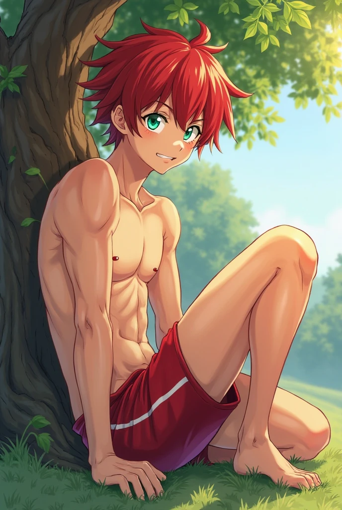 (masterpiece, best quality), 1boy，Lewdness，younge boy，???'s face，Juvenile faces，sideface，Lying naked in a golden wheat field，adolable，infancy，Young age，Short round face，Flat chin，Fine face in detail，Colored briefs，musculous, Short bright orange hair, Sky blue eyes，opens his eyes wide, 复杂, full bodyesbian,nakeness，Lewdness，Teal briefs,Pectoralis abdominal muscles，vivd colour,(depth of fields:1.2),(abs),looking at viewert，Lying in a golden wheat field，spread their legs，Arms open，Large pink flowers，Flowers