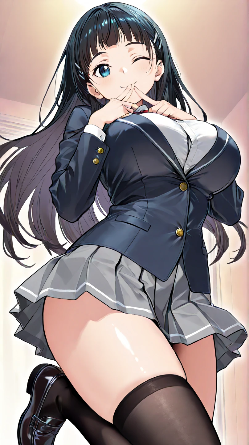 “（Perfect masterpiece：1.2），（best quality：1.2），Stunning face，Girl student uniform，mature chubby，Large pupilakeup for bright eyes，long, Luxurious Rashul Pout，Irresistible charm。”（（（Super huge，deep:1）））