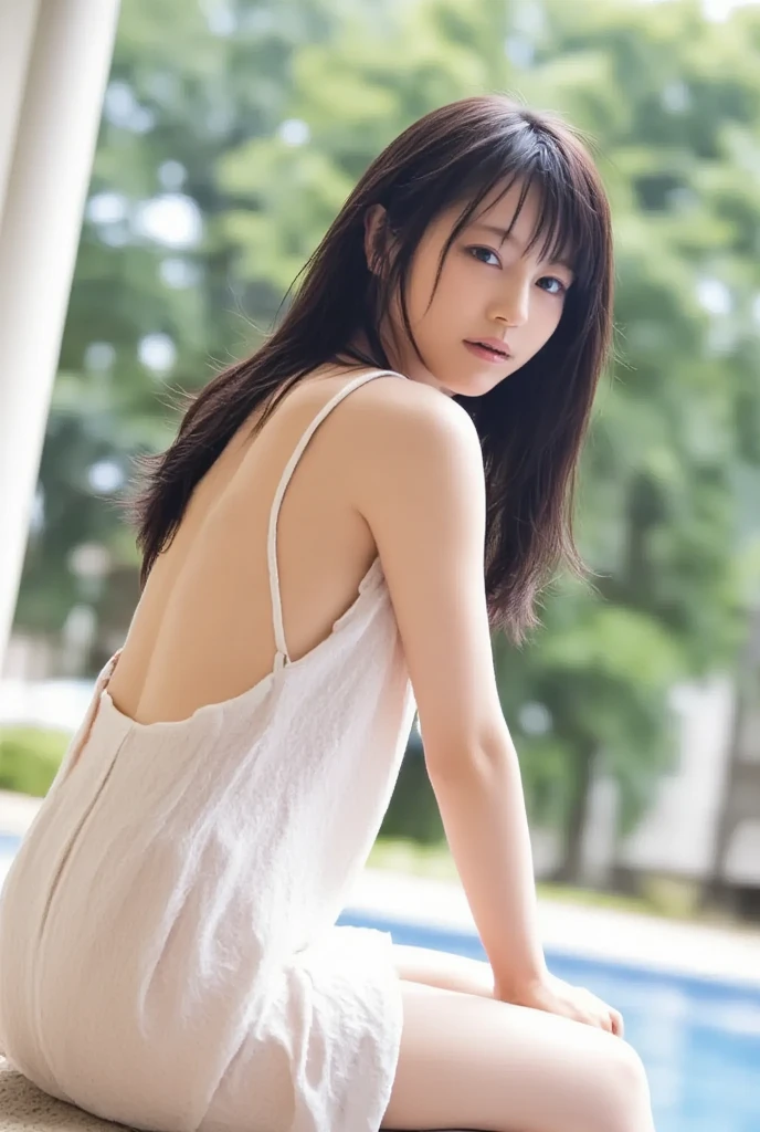 ((((detailed explanation)))),(((masterpiece、Highest quality、Very detailed:1.42、Focus on the eyes)))、Female in her late teens、Portraiture、Blurred cityscape at dusk、Silhouette of buildings and street lights Long dark brown hair、natural wavy curls、The wind is blowing softly、Hair falls down the side of the face、Skin is smooth、Healthy olive color、The tan lines are faintly visible、Natural redness on the cheeks、I have a few small laugh lines on my forehead.、Eyes with dark brown irises、The pupil is shining, Reflect light、Long curled eyelashes、Accentuate the eyes、Eyebrows are thin and trimmed、Natural Arch、Small Nose、straight、straight nose、lips are plump、soft pink lip gloss、Ultra-thin camisole、Barefoot and bare legs、A simple silver bracelet on her right wrist、A small diamond earring sparkles in her left ear...、The expression is calm、Be confident、smile、(((Emphasize the contrast between light and shadow)))、Realistic textures and facial details