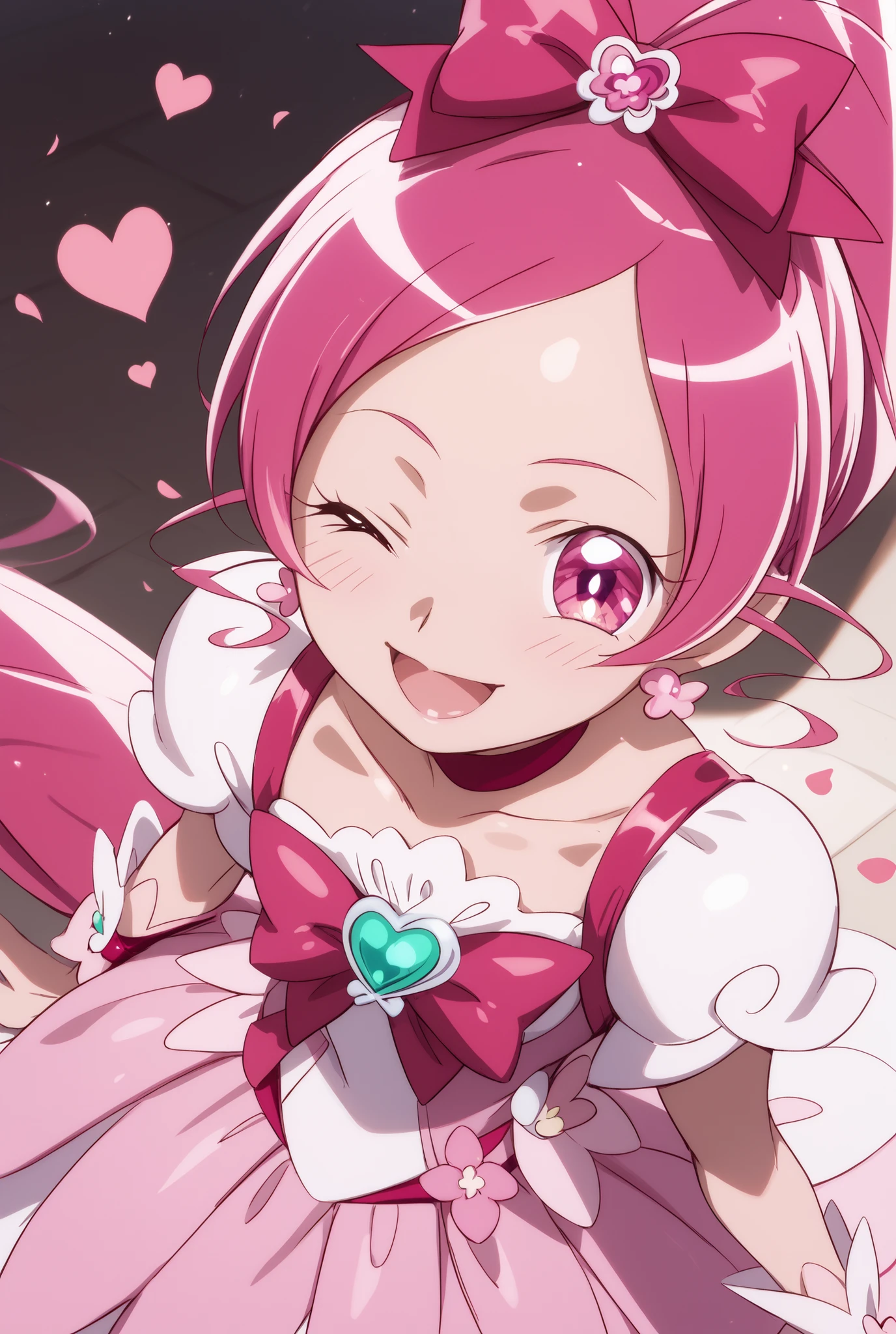 Heart Catch Pretty Cure、cute、cure blossom、beautiful background、 Slim、Small breasts、Shiny on the skin、 happy、angles from above、large futon behind a woman's face、