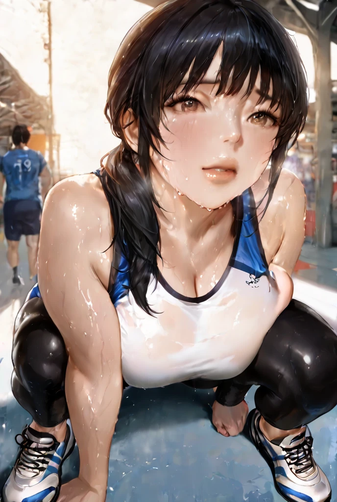 (top-quality manga:2.4),(Perfect Beautiful Face 2.2),(Perfect and beautiful posture:2.2),wet with sweat,(sweat in cleavage:2.2),(Abnormal sweating:2.2),large full breasts,2 Female freestyle wrestling athlete ,cute face, nice legs, showing their ground techniques in a fight on the graund