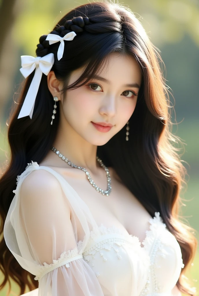 (long hair: 1.6), flowing hair, (white ribbon on hair), best quality, masterpiece, illustration, extremely exquisite beauty, Very detailed, CG, , 8k wallpaper, Astonishing, fine details, masterpiece, best quality, official art, Very detailed CG Unity 8k wallpaper, ridiculous, incredibly ridiculous, File size is huge, super detailed, High resolution, Very detailed, Beautiful and delicate girl, Very detailed eyes and face, beautiful details eyes, There is light on the face, whole body, (whole body), masterpiece, surreal, 32k, Extremely detailed CG Unity 8k wallpaper, best quality, (male and female cuddles), Man muscular naked, woman sexly, split, Off the shoulder style, sexly, Bare legs, permanent,Huge breasts
