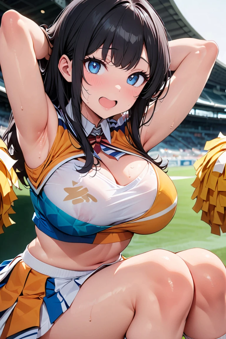 1 girl, five fingers, mini skirt, looking at the viewer, twin tails, ((highest quality)), ((super detailed)), thigh focus, belly button, Cheerleader, squat, spread your legs, grin and laugh, dynamic angle, Downから, tooth, camel toe, vapor, Sweat, Sweatをかいた, skindantation, game CG, arena, vaporing body, knee socks, Down ,