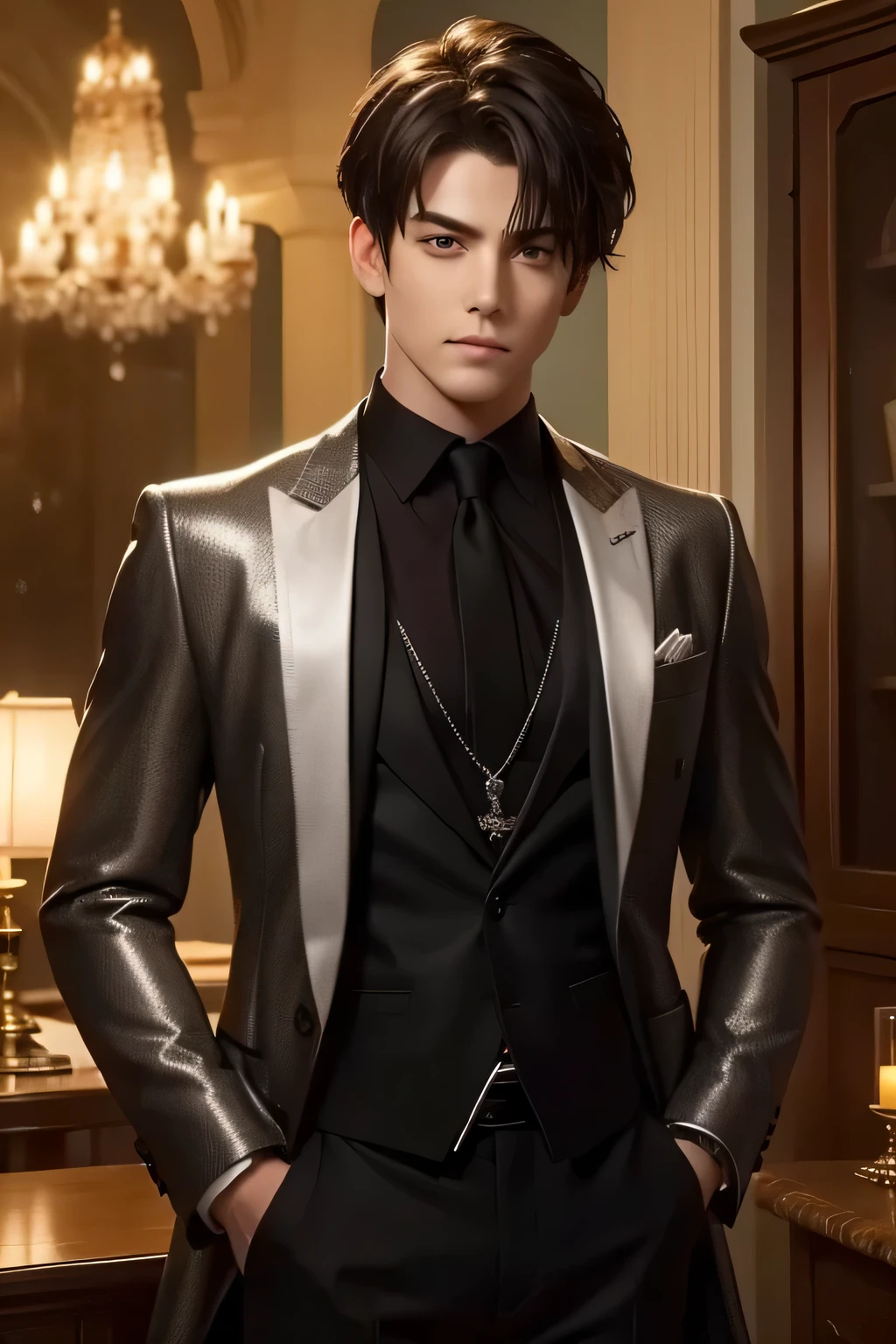 masterpiece, Highest Quality, (perfect face:1.1), (High detail during meals:1.1),(( male)),handsome,brunette,Short Hair,My bangs hang over my eyes,Amber Glowing Eyes ,no expression,frosty eyes that seem to be messy,Narrow chin,Good quality silk suit,brooch with silver decorative chain,muscular,Putting hands in pockets,upper body,Good Style, Gothic Style Interior ,bright room