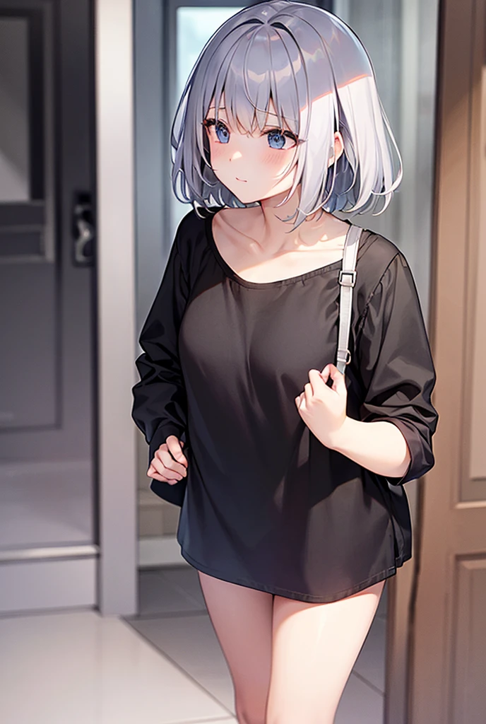 best quality, ultra precision, 1girl,  cute, little girl, young, boyish, childish, small breasts, silver hair, cat ears, blue eyes, beautiful eyes,  girl, ecstasy, sailor collar, estrus, metestrus, start to undress, naughty mood, she loves you, lost virgin, virgin, blush, beautiful skin, big bow on chest I'm not wearing panties BLUE SWEATER, BLACK SHIRT, SHIRT UNDER SWEATER, OFF SHOULDER TOP)