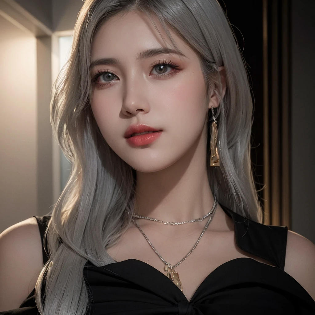 highest quality, ultra high resolution, (realistic:1.4), 20 year old woman, realistic lighting, Backlight, facial light,Off-shoulder black shirt , small necklace, (faded ash gray hair:1), looking at the viewer,simple gray background,