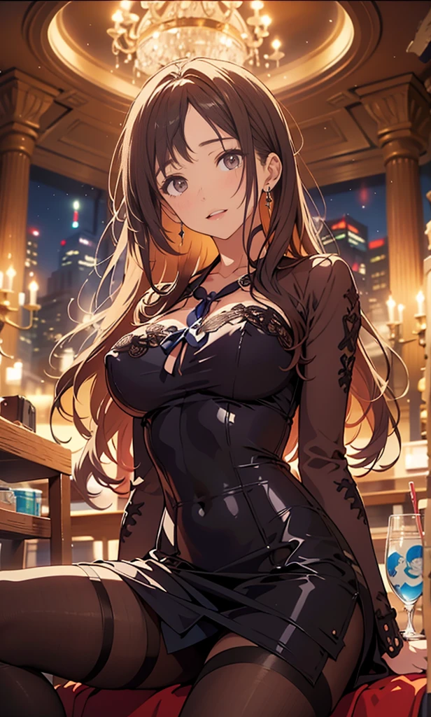 best quality, 4k, high resolution, Masterpiece: 1.2, extremely detailed), sad expression looking at camera, big breasts, 40 year old girl, solo, brunette, fluffy long hair, blue eyes, (drunk, blushing), (sitting, drinking), ((mature sexy body)), black stockings, black off-shoulder dress, holding a glass, counter, bar, (fashionable bar) interior, ((cocktail glass) filled with colorful liquor), (dimly lit room), wine bottle, detailed background, (((night background)))), (((in the bar))), wine, whiskey, highball, (shiny light, effects: 1.2)