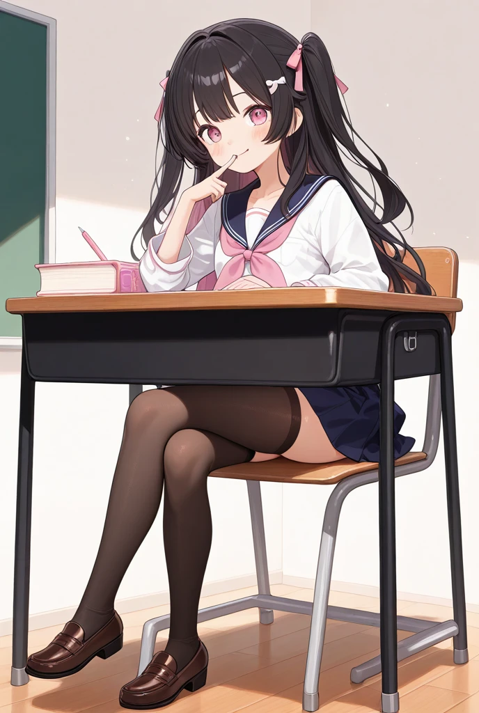 1girl,classroom,glasses,braid,uniform,miniskirt,socks,sitting on chair,(((,white panties))),,,looking away