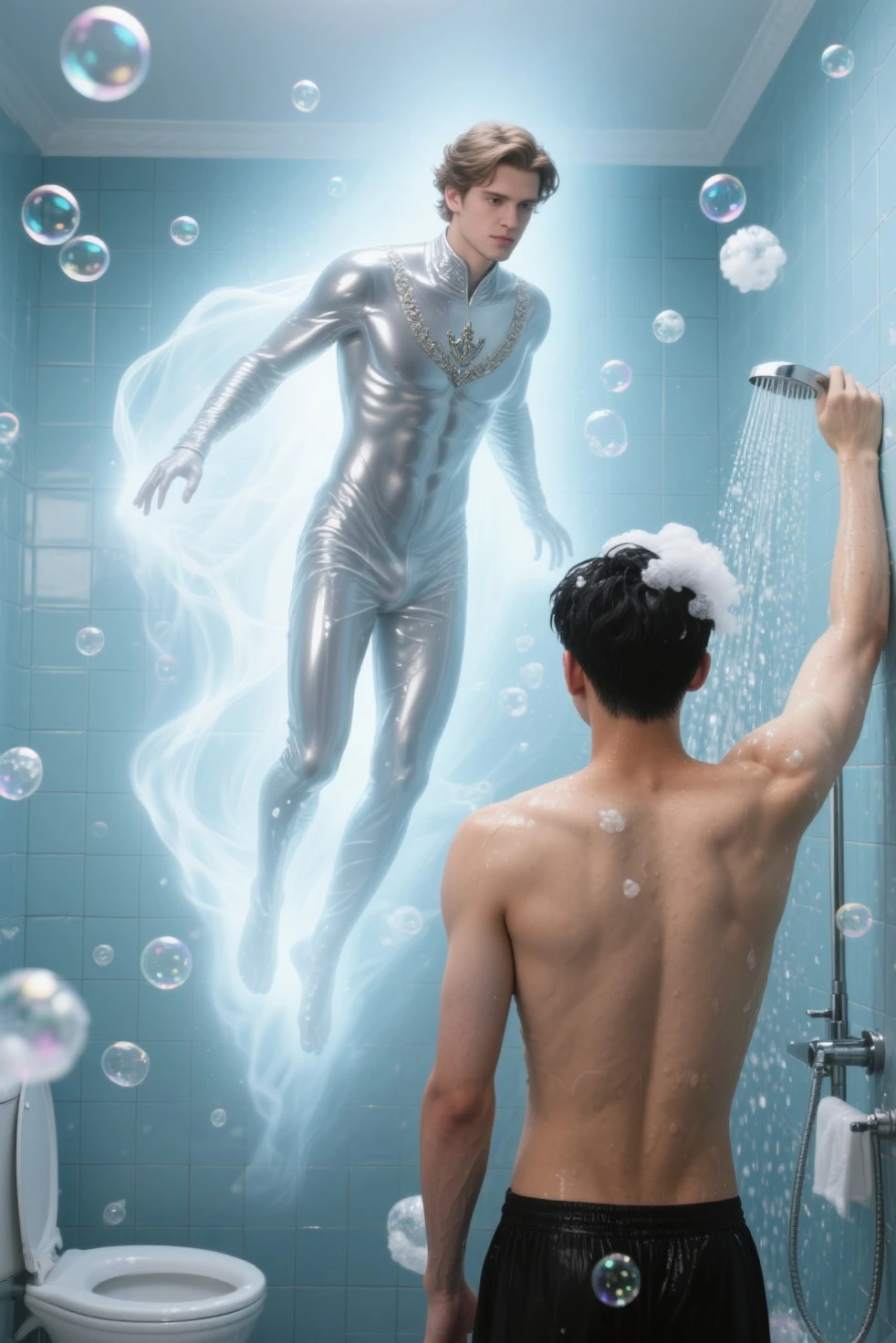 1man,solo,4k,8k,ultraman taro pin up,photo realistic,gay,bara,nude,naked body,slim body,human skin color,hairy body,slim body,head only ultramantaro with naked human body,small penis,shower room