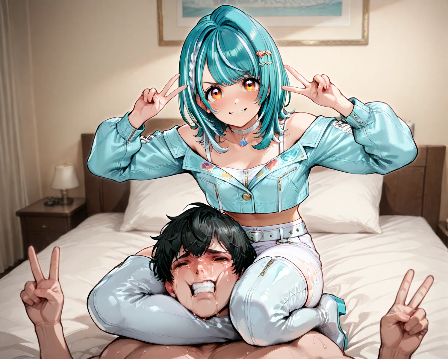 NSFW,masterpiece,Highest quality,High resolution,Super detailed,Star Town Suisei\(Hololive\),Blue Hair,One Side Ponytail,Blue Eyes,Small breasts,Track and field club,satin bra top,Satin one point shorts,Open crotch,Estrus,A tense face,blush,(Ahegao),(Sweat),Leg spread,Love Hotel at Night,Quality bed,(Middle-aged men),A man puts his hands on her waist and hugs her,Having sex,Insert,Creampie,heart,Surrender,Wet
