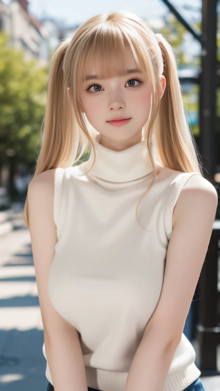 Blonde hair, (Twintails:1.2), (Pale skin:1.3), 8k, RAW Photos, highest quality, masterpiece, Realistic, Detailed face, Detailed skin, Warm color temperature, (Park background:1.1), Beautiful Japanese Girl, Asymmetrical bangs, whole bodyショット, (Front view:1.3), (Wearing a clothes:1.3), (low length:1.1), Height: 148cm, skinny, (Wearing White sleeveless Turtleneck Sweaters), (Huge Breasts:1.4), Saggy breasts, smile, chichibukuro, (Czech, whole body, Dressed:1.2), standing, (head to thigh shot), head to thigh,