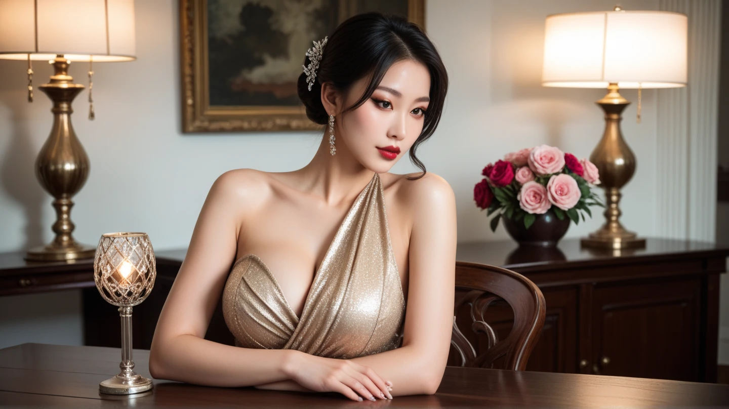masterpiece, Highest quality, figure, Very detailed, In detail, High resolution, 8k wallpaper, Perfect dynamic composition, Beautiful attention to detail, slender, Medium-sized breasts with a high firmness, A clean and mature face, ((Mouth open, Shy expression, Blushing, Accentuate your breasts)), (Photo taken from a distance, from the front:1.5, Front view:1.5), A lavish and sophisticated ball scene, A gorgeous chandelier shines on the ceiling., The sparkle of the crystals illuminates the entire hall in a fantastic way., Wide々The Baroque-style hall, Decorated in gold and cream, The walls are decorated with beautiful frescoes, In the center is, A woman wearing a long, lustrous satin dress, The dress is gold, 優雅にWideがるスカートが流れるように揺れる, Accessorize with a diamond necklace and earrings., Adds a noble glow, Her hair was tied in a classic updo., It exudes a feminine and elegant atmosphere.