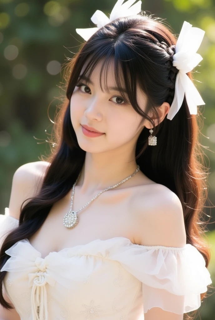 ((masterpiece)), 32K, masterpiece, highest quality, 1 girl, alone, (Nationality: British:1.3), Realistic, garden, Realistic, Very detailed, Detailed Background, (alone: 1.4), Happy expression, Slender body, Realistic Highly detailed long hair, Intricate details, masterpiece, highest quality, West Shot, (Flowering garden background)), smile, ((Looking at the camera)), Earrings, Long straight black hair, Asymmetrical bangs, Natural Breasts ,