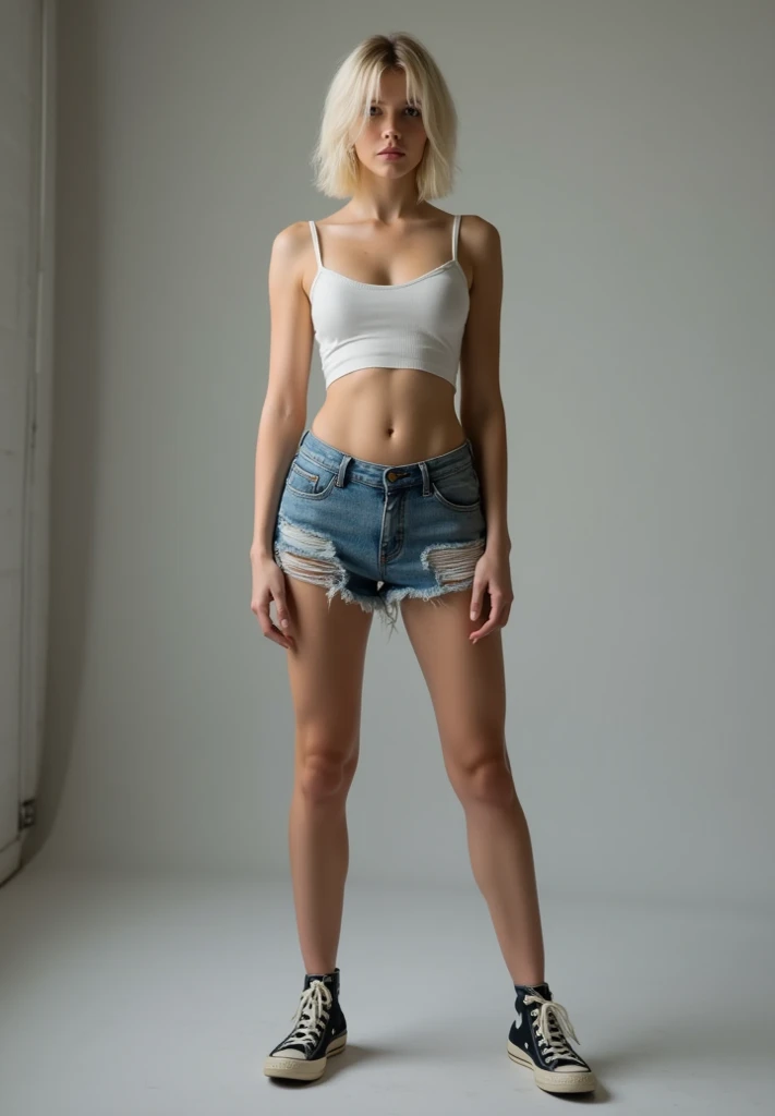 A (((full-body))) picture of an ethereally beautiful 1 girl. She has youthful caucasian features and ((very pale white skin)). Her eyes are a striking blue, and she is wearing ((heavy black eye makeup)). She has a very slim body with long thin legs and large round breasts. She is wearing a tight white crop top, a very short black miniskirt, and black boots. She is sitting in a provocative pose that shows off her legs, and her (((whole body from head to toe))) is shown in the photo.