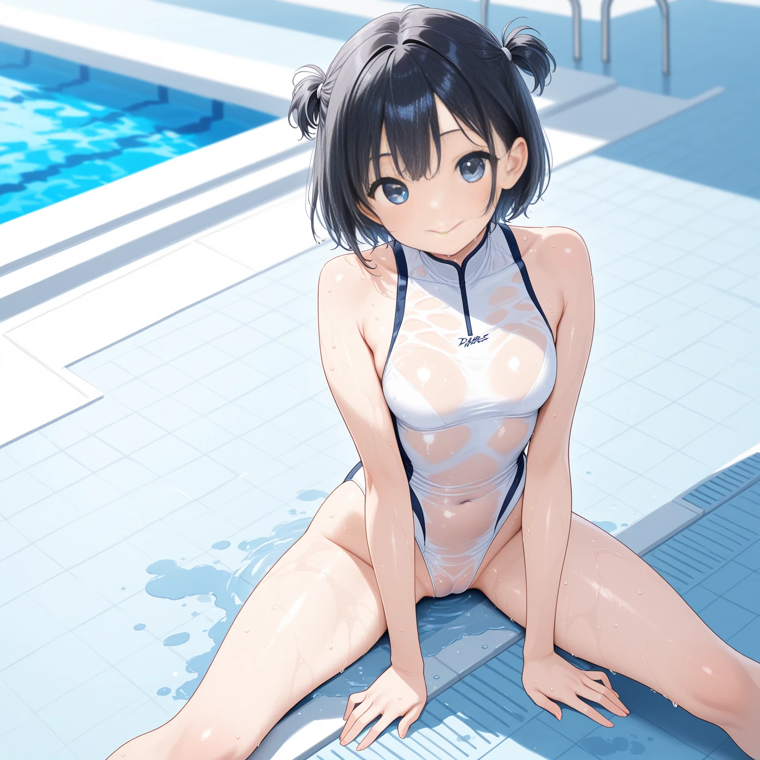 1girl, shy girl, (perky breast), (hard nipple), small breast, wet body, opening legs, camel toe, kawaii face, well proportioned face, embarrassed, blush, black eyes, black hair, blunt bungs, short bob hair, see-through swimsuit, see-through bathing suit, transparent swimsuit, skin dentation, small breasts, slender body, , school pool, full body, (nsfw), vaginal rundown,