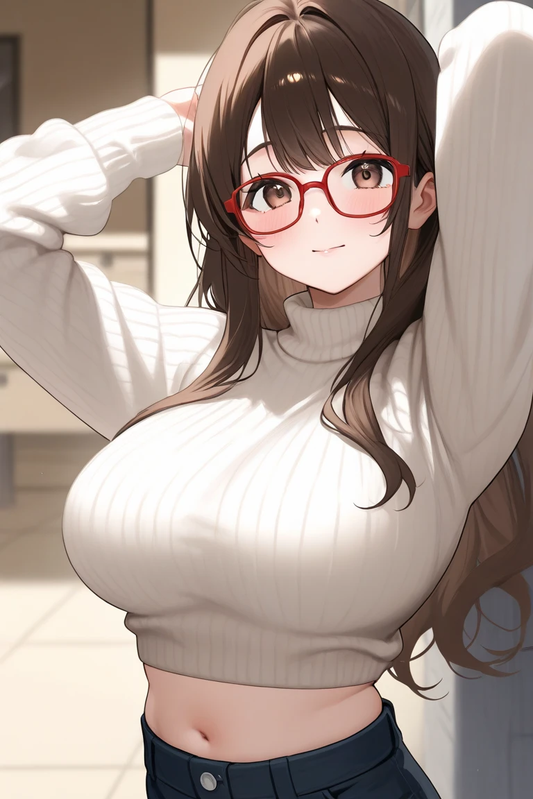 High-quality illustration, masterpiece, 1 cute chubby girl with beautiful realistic natural very small soft teen breasts, thick brown hair to the shoulder blades, Big shiny brown eyes, long eyelashes, Glasses, plump sensual lips, naked sweater, I don't wear panties because I don't want to, I don't wear a bra because I don't want to, rounded split hips, realistic pubic hair, Beautiful long bare feet, beautiful hands with graceful fingers; expression in Miyazaki style,black strokes,different emotions,8 K