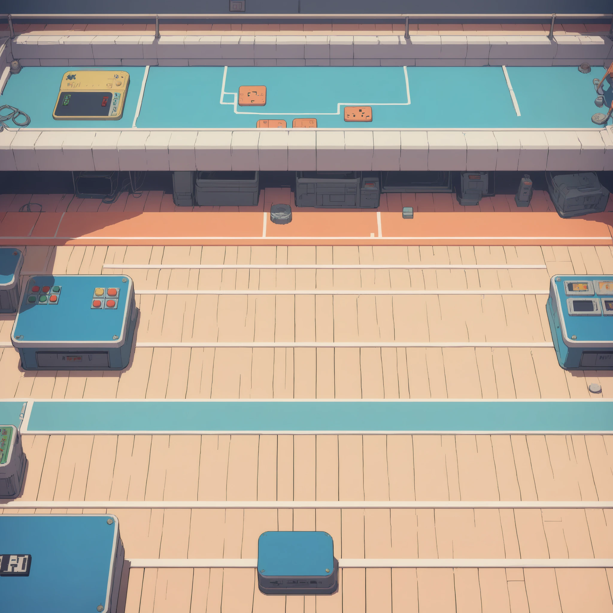top view, retro video game style,vibrant pastel colors,8-bit characters,blocky shapes,sharp lines,detailed shading,classic gaming vibe,nostalgic atmosphere,classic arcade games,masterpiece:1.2,ultra-detailed,illustration style, 2d texture, parquet floor background, gymnasium, gym