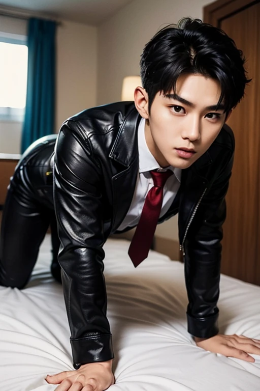 Solo, male focuasterpiece, ultra quality, high resolution, 8k, intricate: 1.2), (detailed face:1.2), handsome, Young Korean man , smiling , tongue out from mouth, wearing micro , correct looking body , detailed skin, 1boy, ((realistic)), (Crawling , Kneeling), on a bed,he has big furry cat ears,