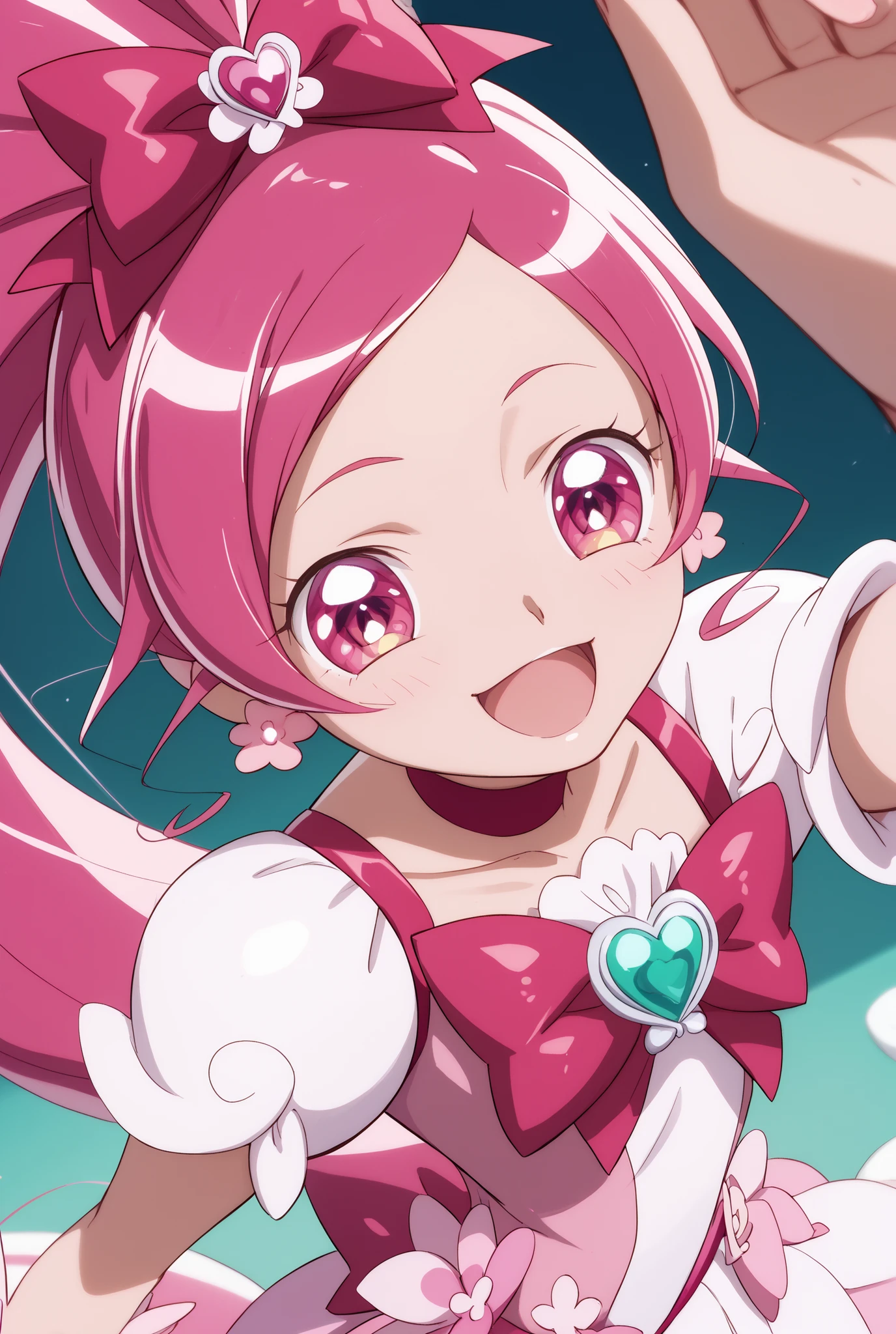 Heart Catch Pretty Cure、cute、cure blossom、beautiful background、 Slim、Small breasts、Shiny on the skin、 happy、happy、angles from above、large futon behind a woman's face、 hands behind、