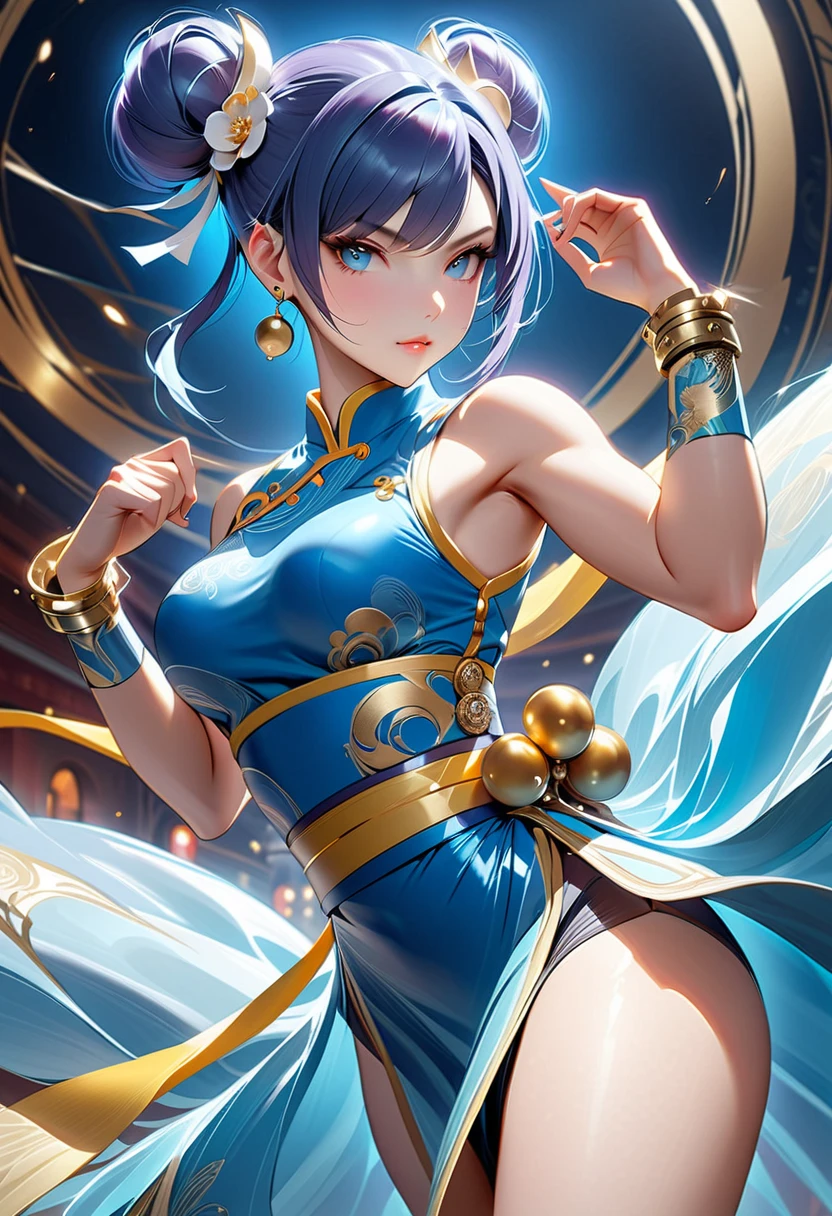 1_girl, solo, sksbrooke person, sksbrooke, (masterpiece:1.2), (best quality:1.2), perfect eyes, perfect face, 1girl, solo, brown eyes, (medium breasts), perky breasts, blue cheongsam, studio background, spotlight