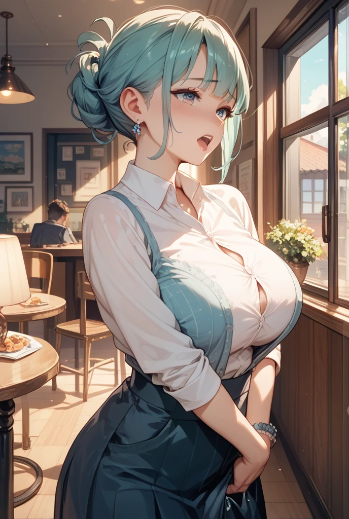 Crowded trains, A very cute woman wearing very very short white silk mini skirt.))((wearing a white silk plunging open shirt: 1.6.)). 40k, Photography, Masterpiece, Best quality, dark grey background, ((1girl blue eyes and gorgeous light blue hair, She wears glasses on her beautiful face, )), big ass full breasts until waiting wearing, varied pose.((Huge breasts :1.4)), Ultra-detailed face, Detailed eyes, huge boob, Curvy, A MILF