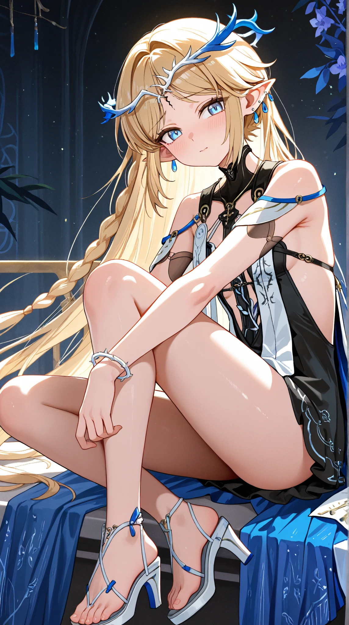 (depict little young girl in bondage, long blond hair, straight hair), bedroom, small breasts, shy, happy, (full naked), (((bondage))), (bound with ribbons), (arms behind back), ribbons around chest), (Masterpiece, Excellent, complex details), delicate girl, delicate face,