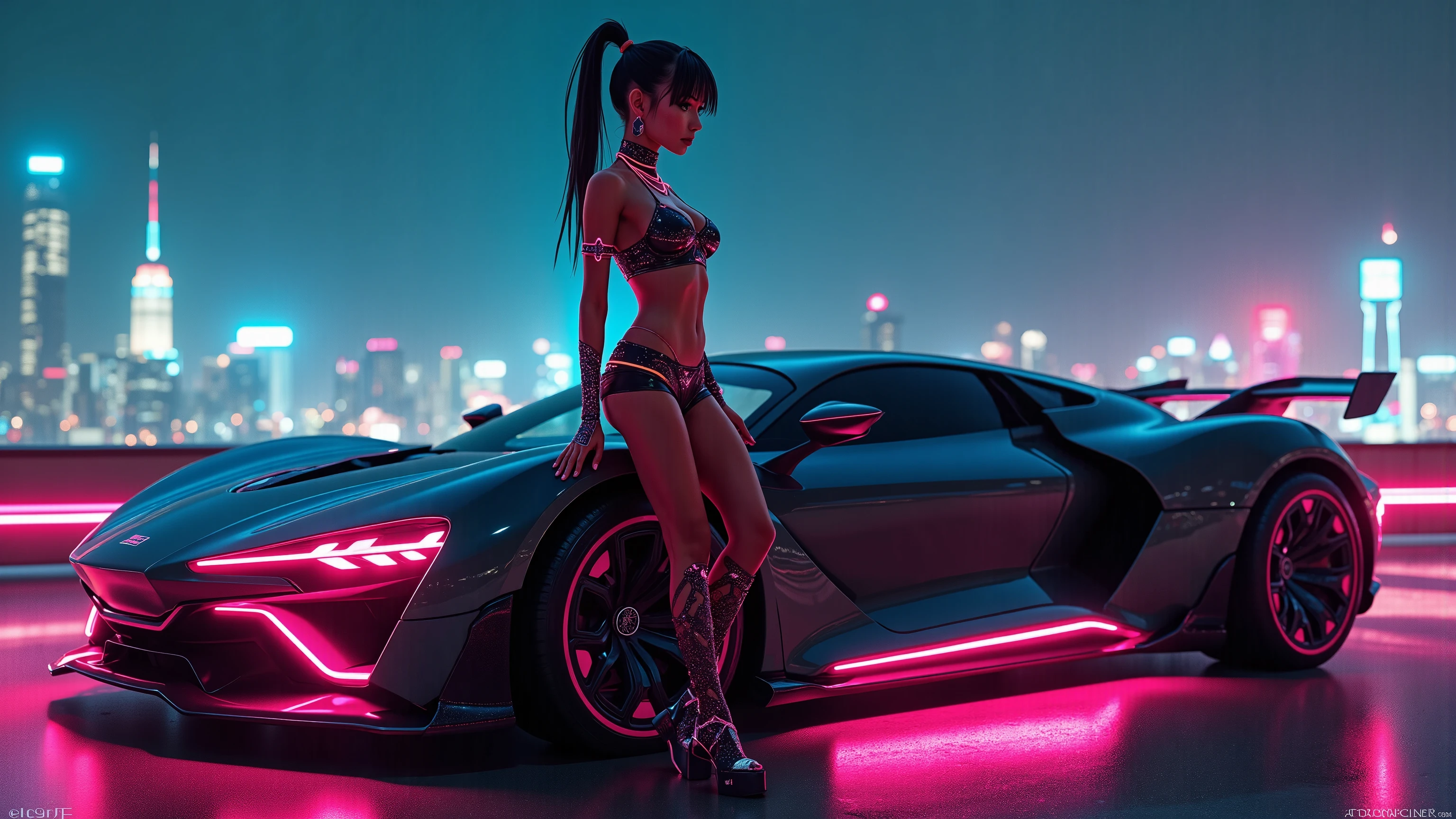 (aerial view), Blade Runner style futuristic cars park, neon lights, at night. (1girl, solo, alone), large-breast:1.2 slim:0.7 body, cleavage:1.1, sexy dress:1.4, black micro sunglasses, holding a pistol:1.8, dynamic pose, half-body thigh level medium shot, cinematic lighting, ray tracing.