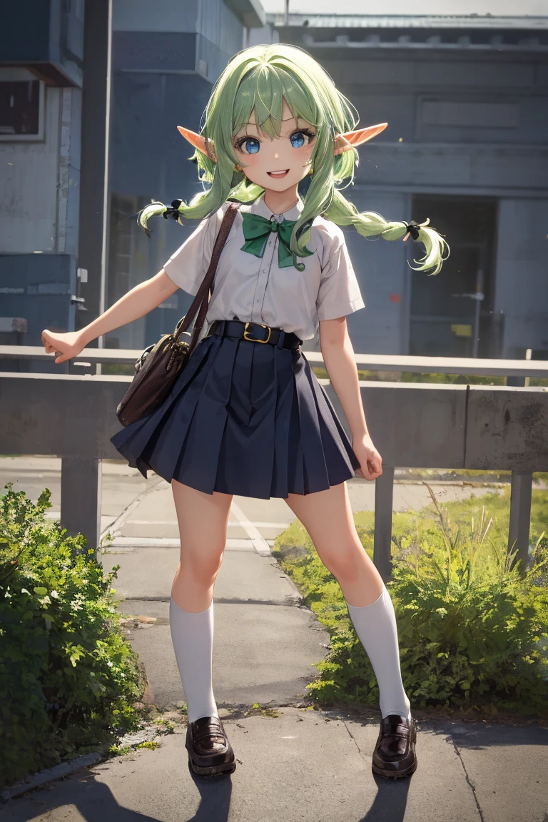 masterpiece, high quality, best quality, beautiful, perfect lighting, detailed face, detailed body, 1 girl, solo, (white long curly hair), ((light green eyes)), white shirt, (green school skirt),( green tie), wind, backpack, (green beret), street