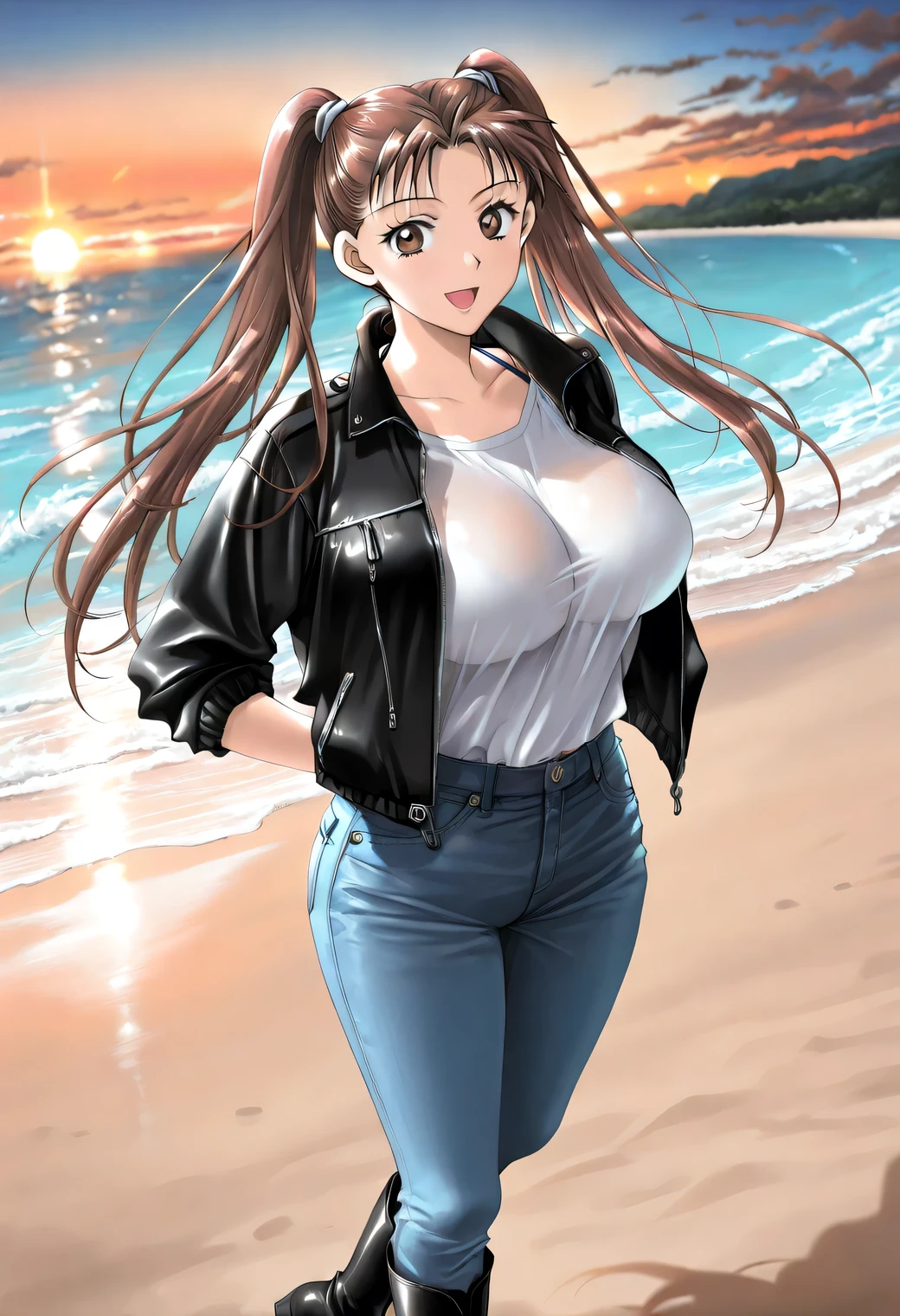 cinematic lighting,Soft Light,masterpiece, newest, lively, very aesthetic, high contrast, sensual atmosphere,mature women who are rebellious to me,solo,((KanouRyouko, twintails, brown hair, long hair, brown eyes)),((black rider's jacket ,whiteTshirt, jeans,black boots)), ((Big Breasts:1.4)), (sexy smile,open mouth),((standing on a sandy beach)),((夕方の砂浜,sunset,detailed background)),( is dazzling,Shine),Highest Quality, semi-realistic, kadoi aya style, Fullmetal Alchemist anime style, ((viewers)),upper body