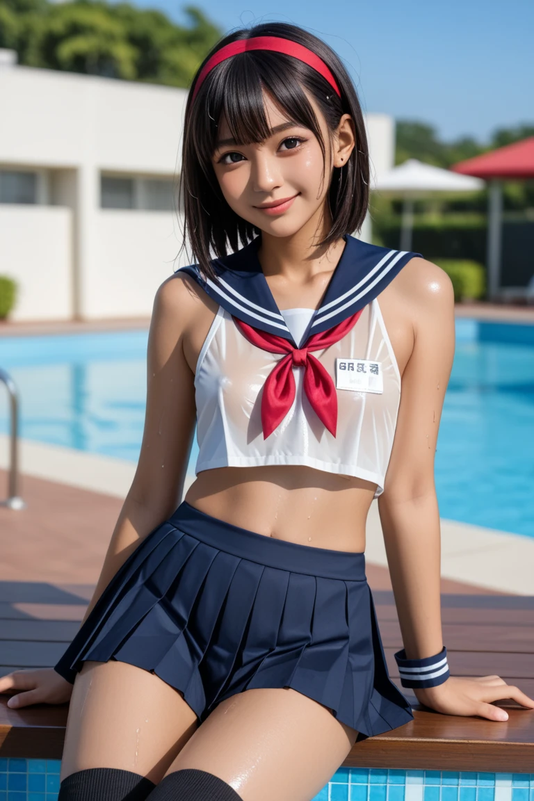 High school girl, high school student, 8K, high definition, SLR camera, younger sister, upper visible, breast is, baby face, loli, small, ing down on her brother while grinning,, idol face, eyes are erotic, body is e sexy and skin itiful, l by everyone, Japan person, high school girl. Chest close pose, full reflection, chest close pose, small breasts appeal with hands pressedst, slouching forward, slouching posture, erotic, chest pulling pose, realistic, salf twin tails, short hair, pitch darkness, school pool, big appeal, skew water with high exposure, top is squeaky water and wearing uniform skirt below